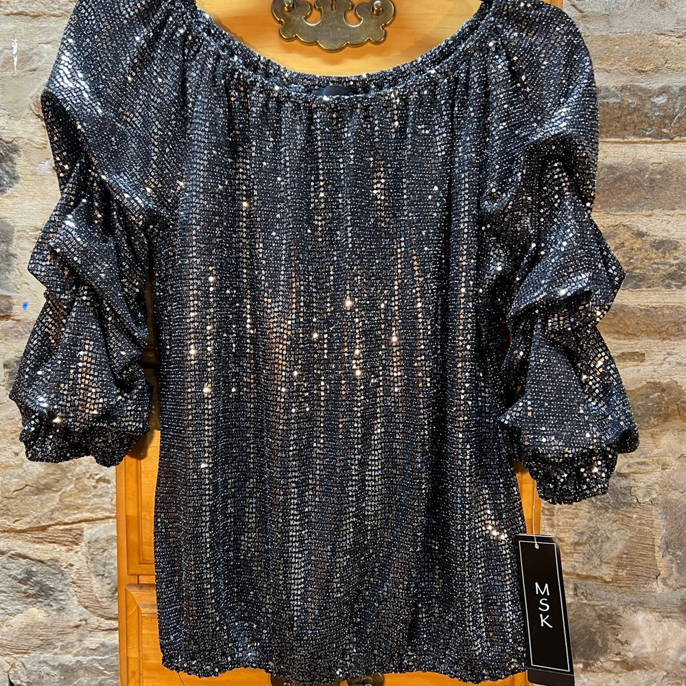 New MSK Black and Silver Sequined Ruffle Sleeve Top